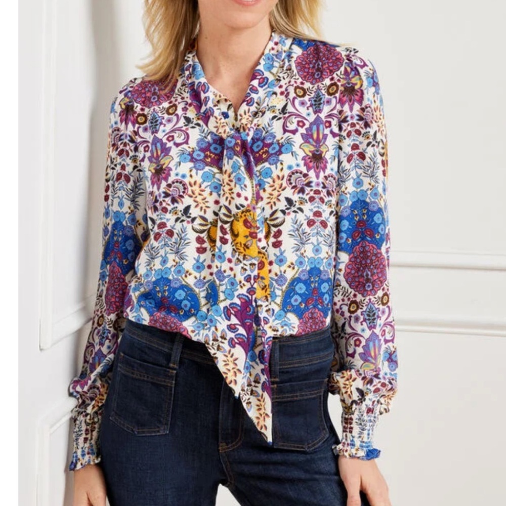 Talbots Tie Neck Top Blouse Floral Medallion Size 2X